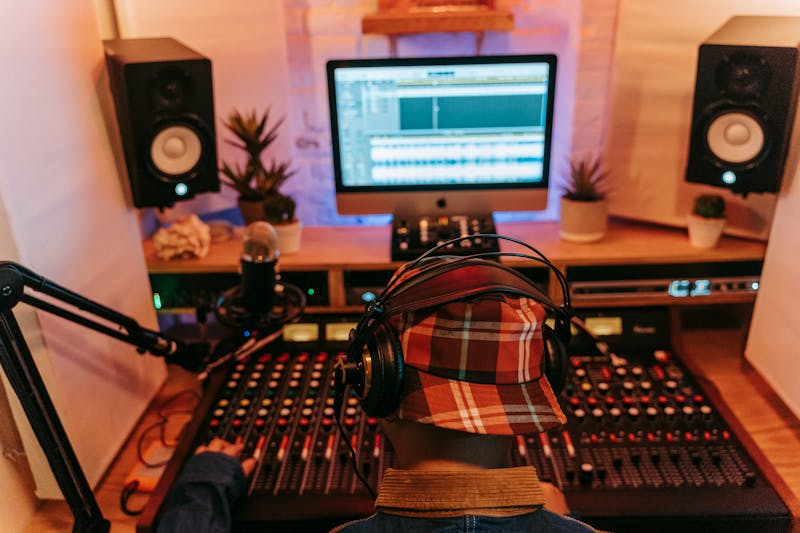 Persona grabando un cover con audífonos en estudio de Monterrey